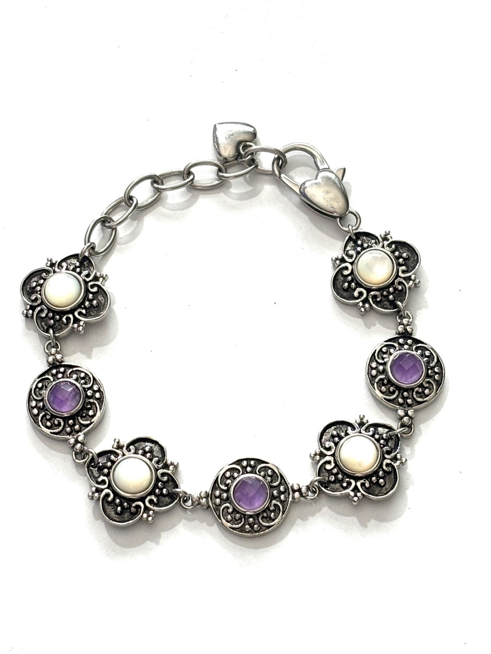 Tocara Faux Mother of Pearl Amethyst Filigree Link Bracelet Silver Tone 8.5in